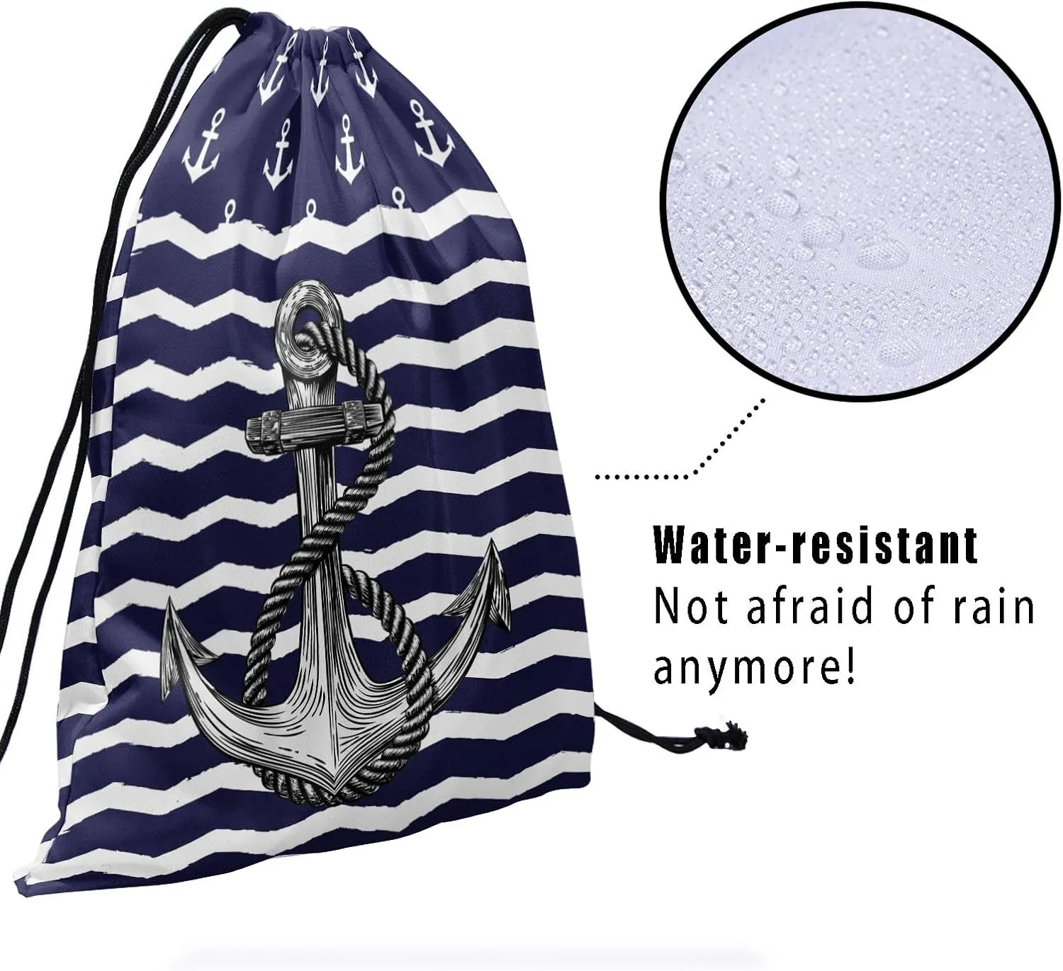Blue Anchor Gymnastics Grip Bag - Nautical White Stripe Drawstring Bags for Gymnasts, Navy Sea Anchors, Shoe Towel