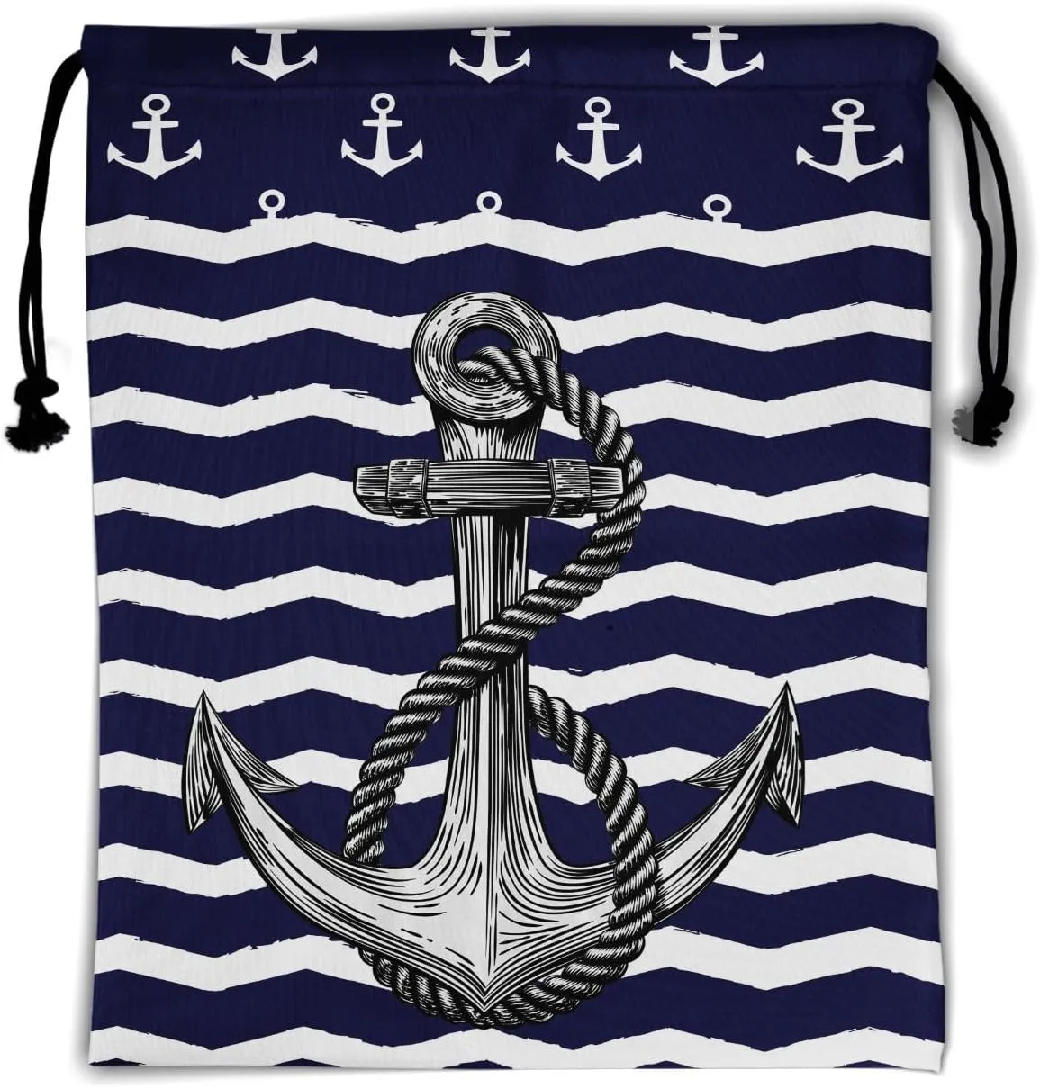 Blue Anchor Gymnastics Grip Bag - Nautical White Stripe Drawstring Bags for Gymnasts, Navy Sea Anchors, Shoe Towel