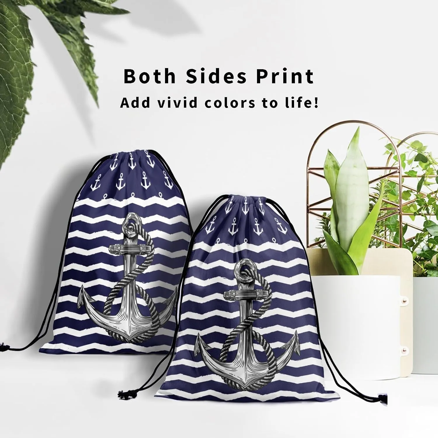 Blue Anchor Gymnastics Grip Bag - Nautical White Stripe Drawstring Bags for Gymnasts, Navy Sea Anchors, Shoe Towel