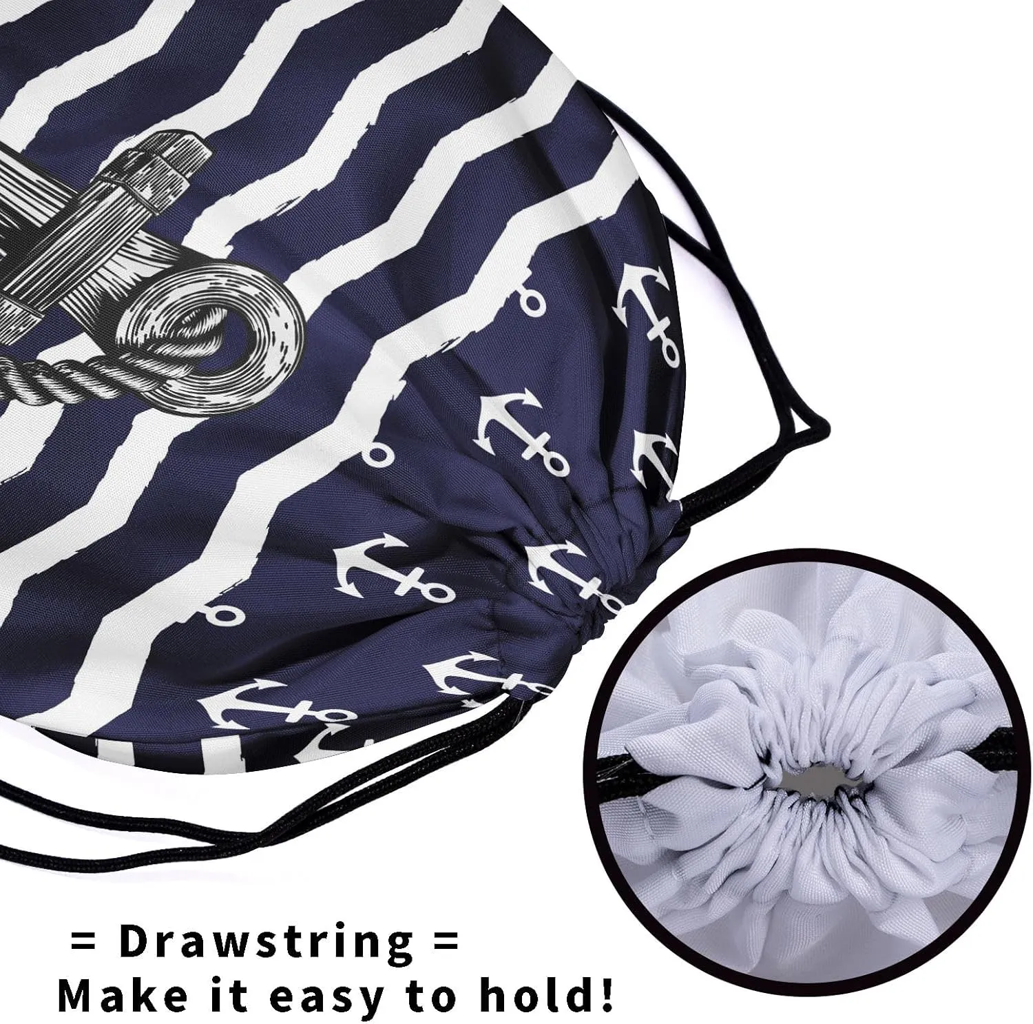 Blue Anchor Gymnastics Grip Bag - Nautical White Stripe Drawstring Bags for Gymnasts, Navy Sea Anchors, Shoe Towel