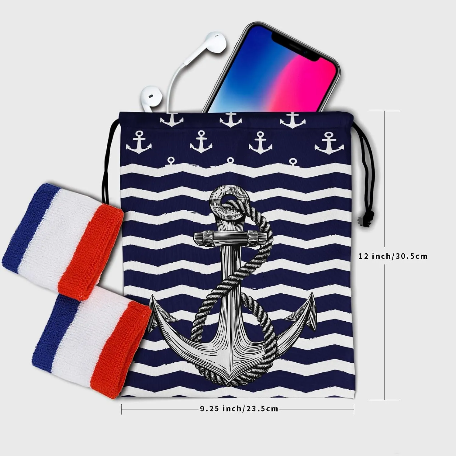 Blue Anchor Gymnastics Grip Bag - Nautical White Stripe Drawstring Bags for Gymnasts, Navy Sea Anchors, Shoe Towel