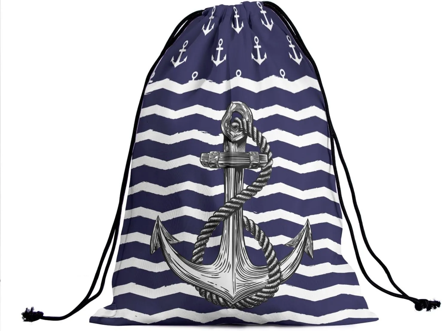 Blue Anchor Gymnastics Grip Bag - Nautical White Stripe Drawstring Bags for Gymnasts, Navy Sea Anchors, Shoe Towel