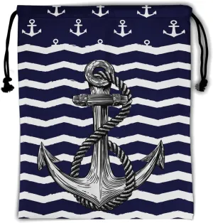 Blue Anchor Gymnastics Grip Bag - Nautical White Stripe Drawstring Bags for Gymnasts, Navy Sea Anchors, Shoe Towel