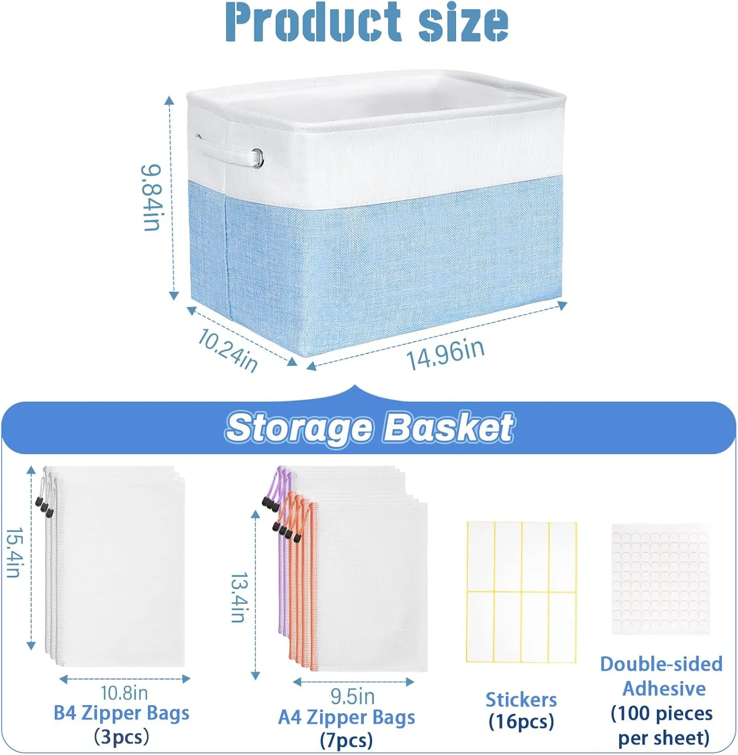 Board Game Storage Include Storage Basket and 10 Zipper Bags Board Game Organizer with DIY Stickers and Double-Sided Adhesive Dots for Travel, Office and Home Organization (Blue)