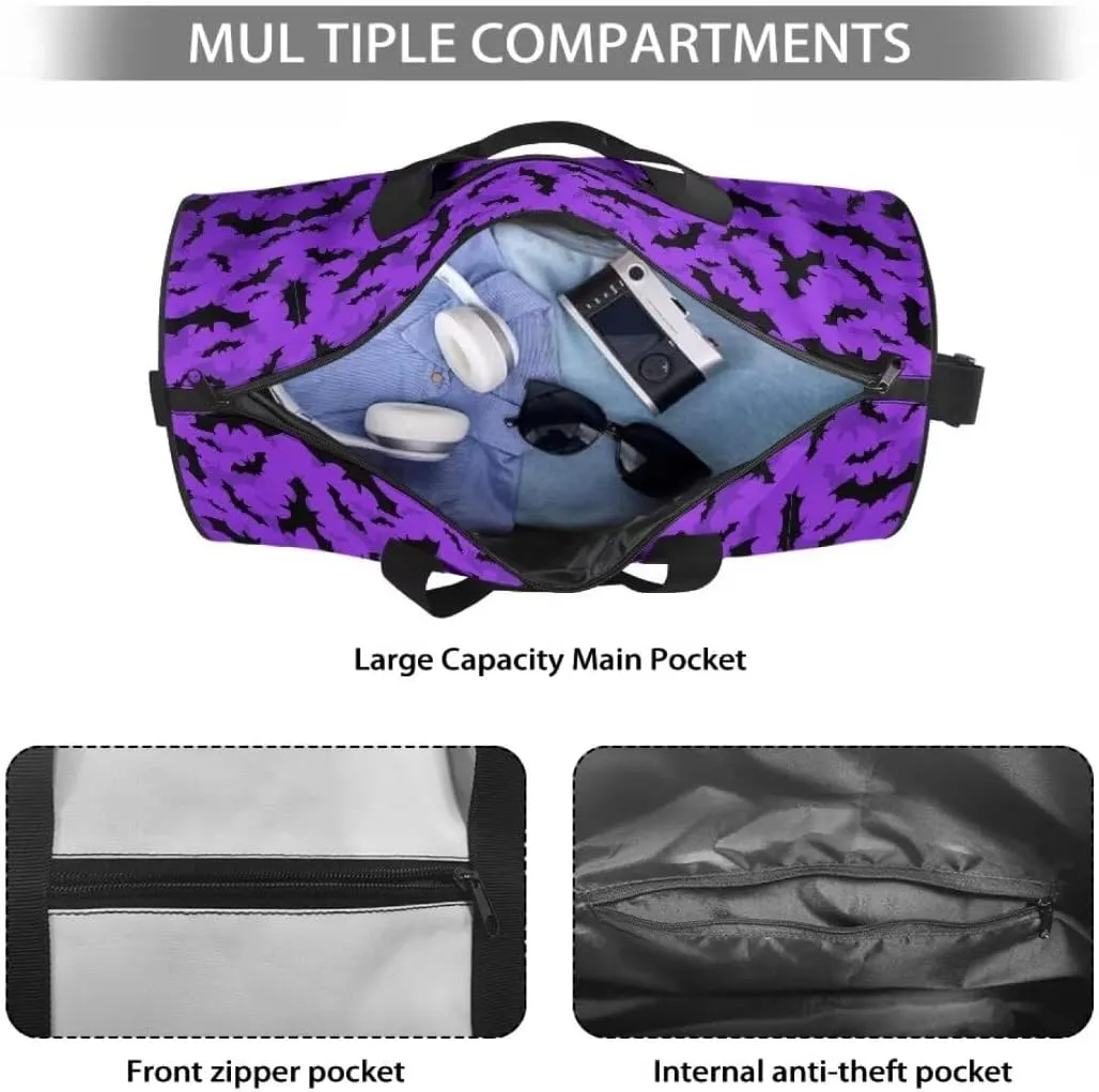 Boatee Bat Gym Bag for Women Travel Bag Large Luggage Bag Portable Weekender Hand Bag Foldie Travel Bag Expandable Halloween Duffle Hand Bag with Inner Pocket Handle Bags for Camp Sport Purple