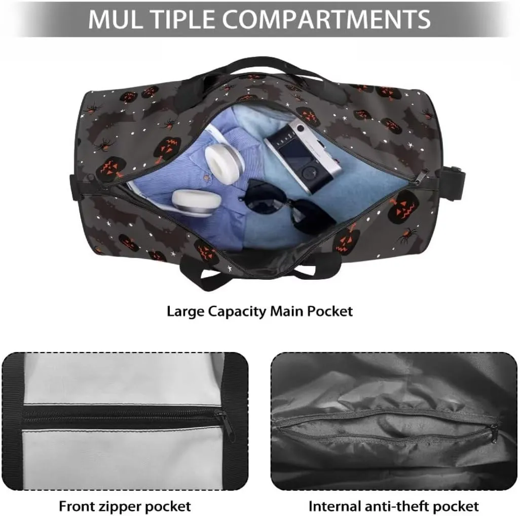 Boatee Bat Luggage Bag for Women Duffle Bag Pumpkin Duffel Bag Multifunctional Shoulder Hand Bag Casual Handle Bags Portable Travel Makeup Handbag for Camping Hiking Halloween Holdall Bag Black