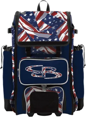 Boombah Catchers Superpack Hybrid Rolling Bat Bag - USA Independence Navy/Red/White - Wheeled & Backpack Version