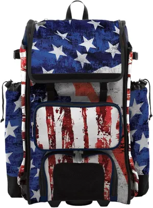 Boombah Catchers Superpack Hybrid Rolling Bat Bag - USA Stars & Stripes Navy/Red/White - Wheeled & Backpack Version