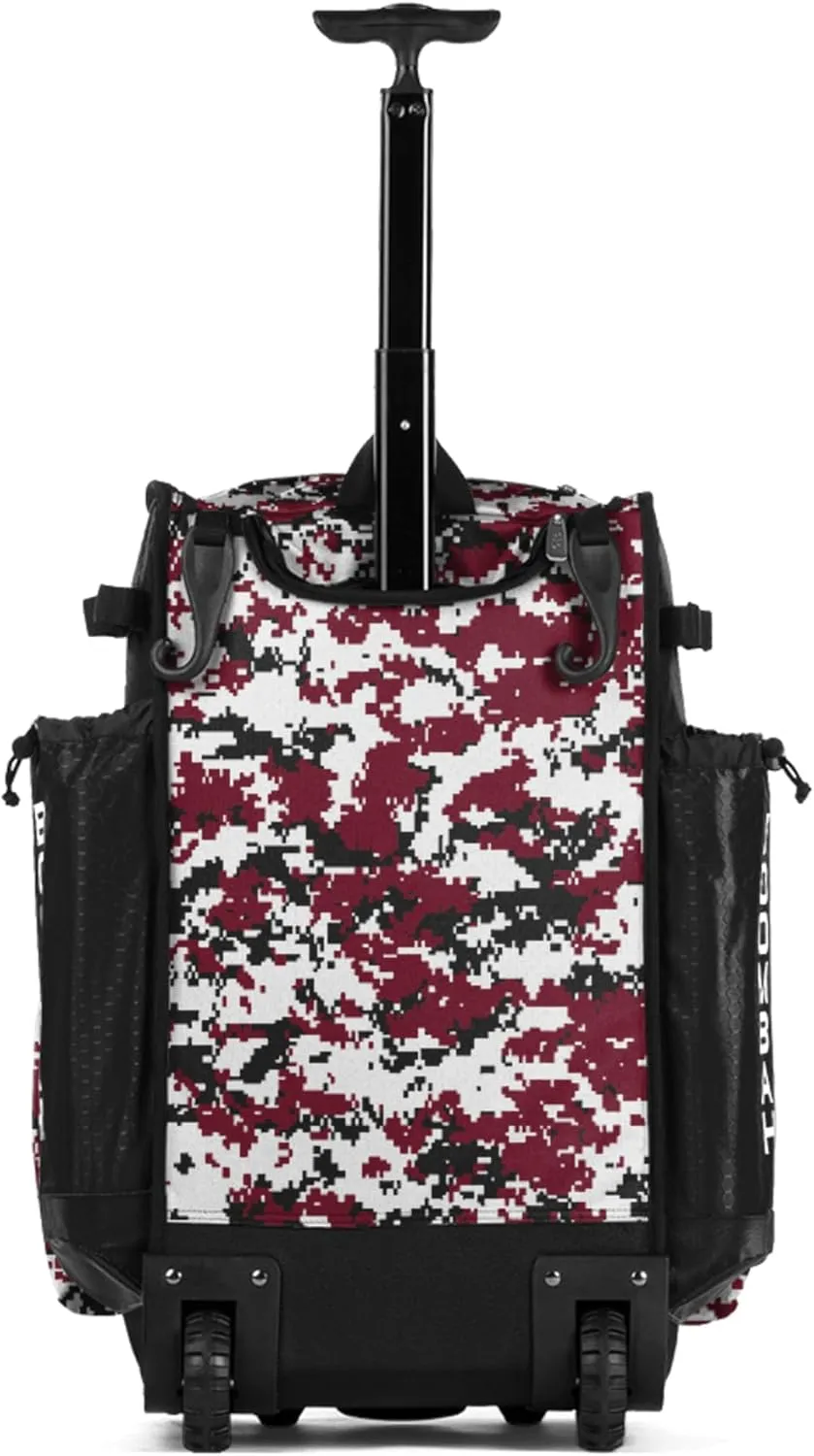 Boombah Rolling Superpack Baseball/Softball Gear Bag - 23-1/2" x 13-1/2" x 9-1/2" - Digital Camo Black/Cardinal - Telescopic Handle - Holds 4 Bats - Wheeled Version