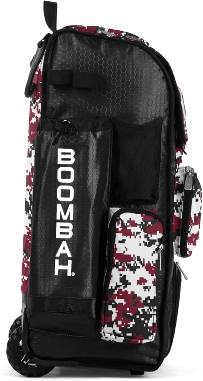 Boombah Rolling Superpack Baseball/Softball Gear Bag - 23-1/2" x 13-1/2" x 9-1/2" - Digital Camo Black/Cardinal - Telescopic Handle - Holds 4 Bats - Wheeled Version