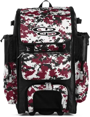 Boombah Rolling Superpack Baseball/Softball Gear Bag - 23-1/2" x 13-1/2" x 9-1/2" - Digital Camo Black/Cardinal - Telescopic Handle - Holds 4 Bats - Wheeled Version
