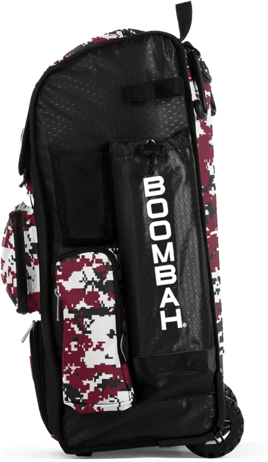 Boombah Rolling Superpack Baseball/Softball Gear Bag - 23-1/2" x 13-1/2" x 9-1/2" - Digital Camo Black/Cardinal - Telescopic Handle - Holds 4 Bats - Wheeled Version