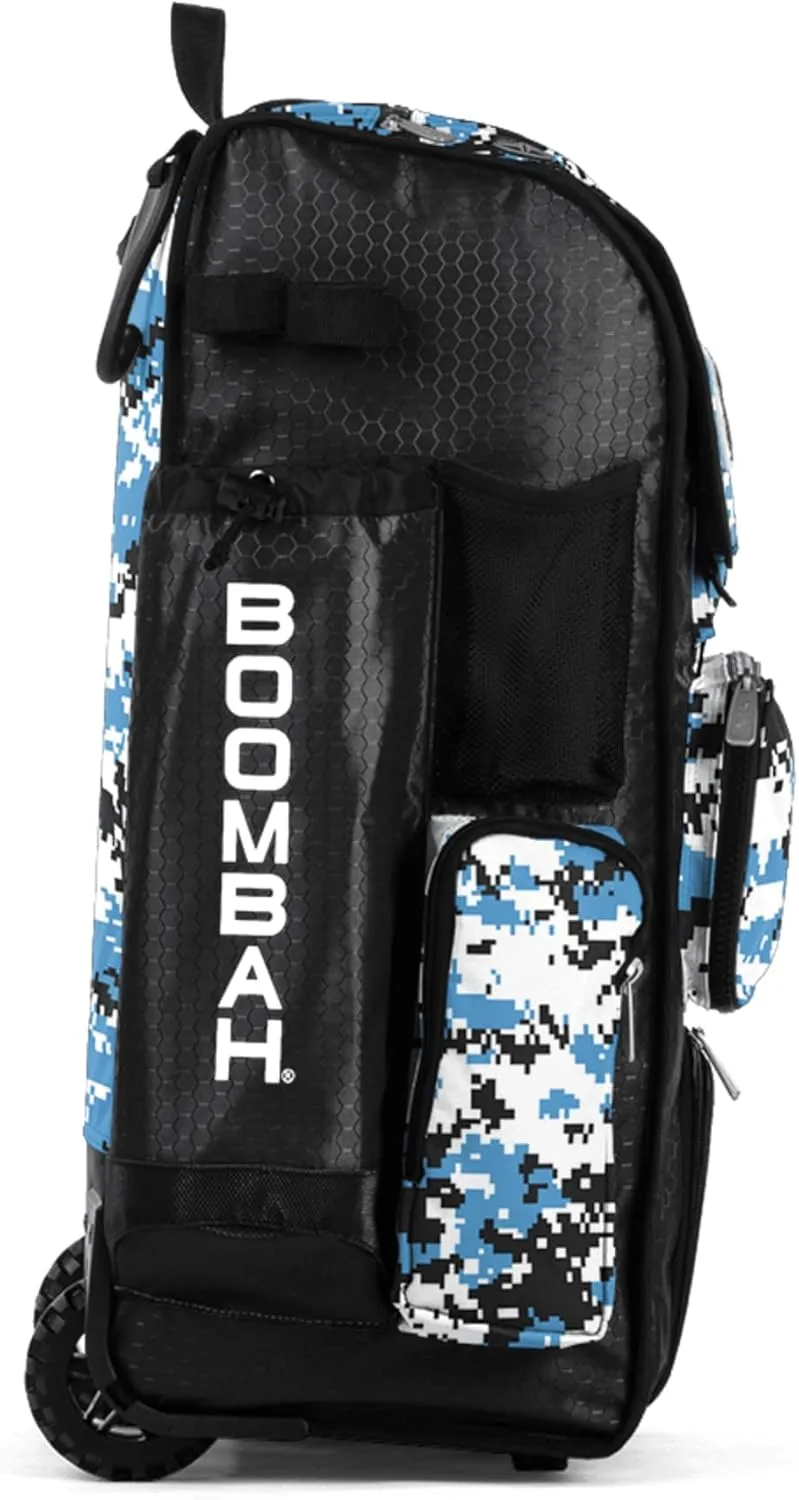 Boombah Rolling Superpack Baseball/Softball Gear Bag - 23-1/2" x 13-1/2" x 9-1/2" - Digital Camo Black/Columbia - Telescopic Handle - Holds 4 Bats - Wheeled Version
