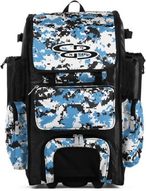 Boombah Rolling Superpack Baseball/Softball Gear Bag - 23-1/2" x 13-1/2" x 9-1/2" - Digital Camo Black/Columbia - Telescopic Handle - Holds 4 Bats - Wheeled Version