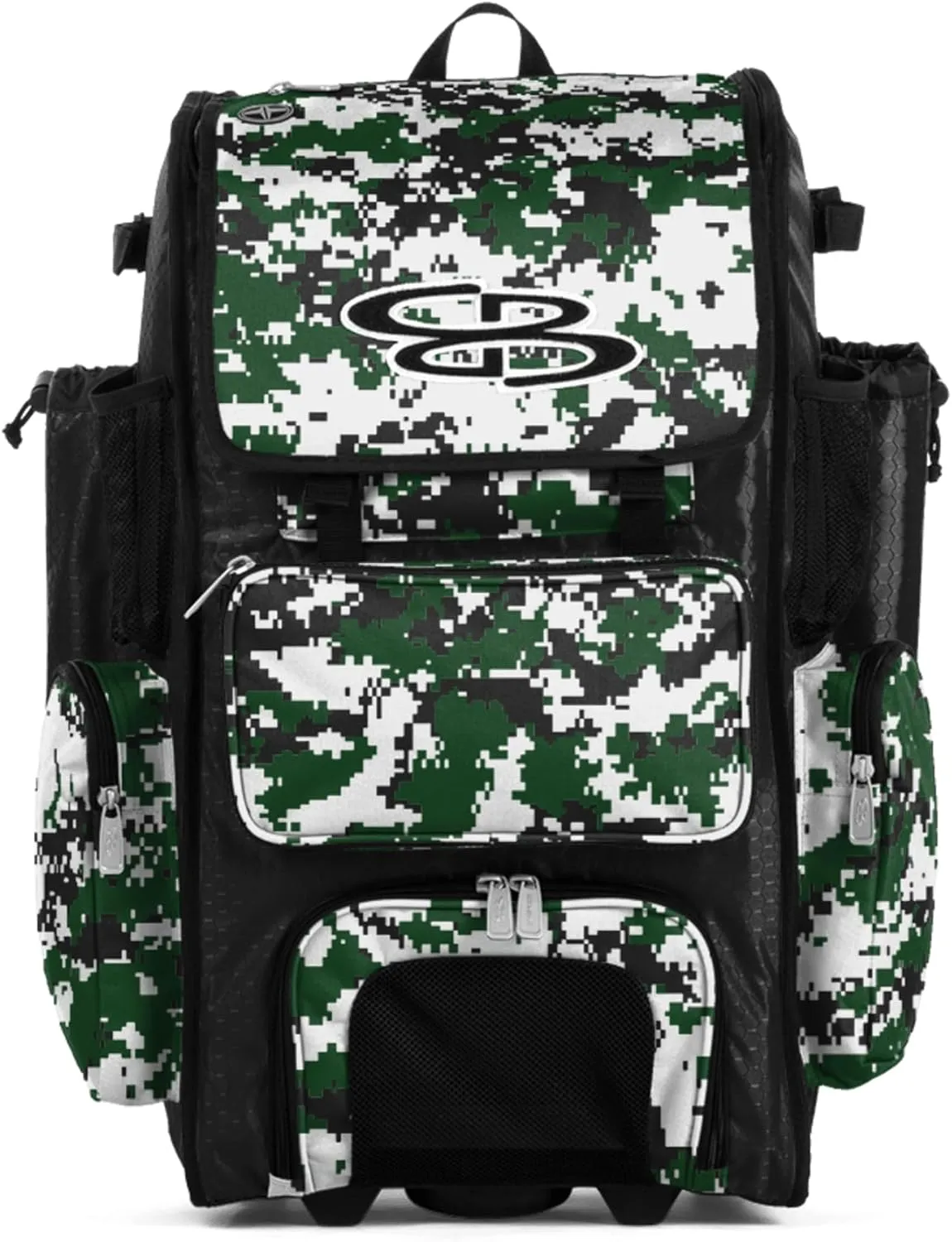 Boombah Rolling Superpack Baseball/Softball Gear Bag - 23-1/2" x 13-1/2" x 9-1/2" - Digital Camo Black/Dark Green - Telescopic Handle - Holds 4 Bats - Wheeled Version