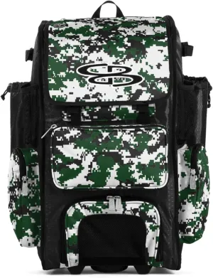 Boombah Rolling Superpack Baseball/Softball Gear Bag - 23-1/2" x 13-1/2" x 9-1/2" - Digital Camo Black/Dark Green - Telescopic Handle - Holds 4 Bats - Wheeled Version