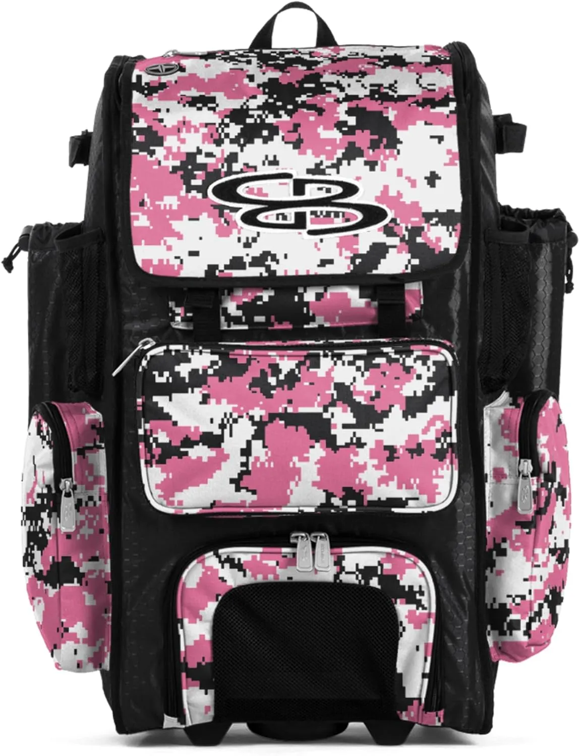 Boombah Rolling Superpack Baseball/Softball Gear Bag - 23-1/2" x 13-1/2" x 9-1/2" - Digital Camo Black/Pink - Telescopic Handle - Holds 4 Bats - Wheeled Version