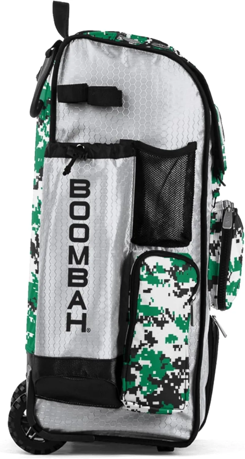 Boombah Rolling Superpack Baseball/Softball Gear Bag - 23-1/2" x 13-1/2" x 9-1/2" - Digital Camo White/Kelly Green - Telescopic Handle - Holds 4 Bats - Wheeled Version