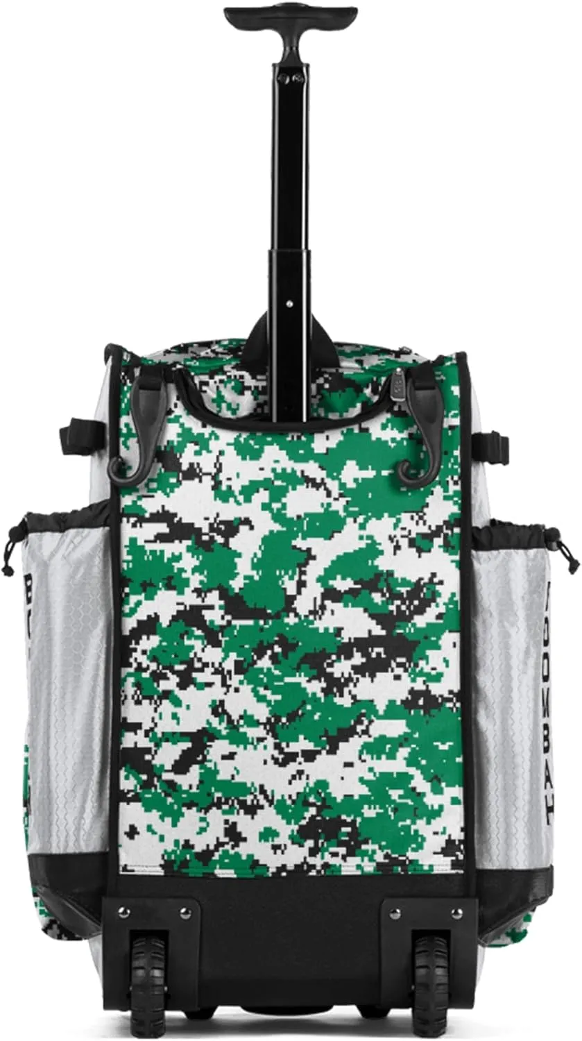Boombah Rolling Superpack Baseball/Softball Gear Bag - 23-1/2" x 13-1/2" x 9-1/2" - Digital Camo White/Kelly Green - Telescopic Handle - Holds 4 Bats - Wheeled Version