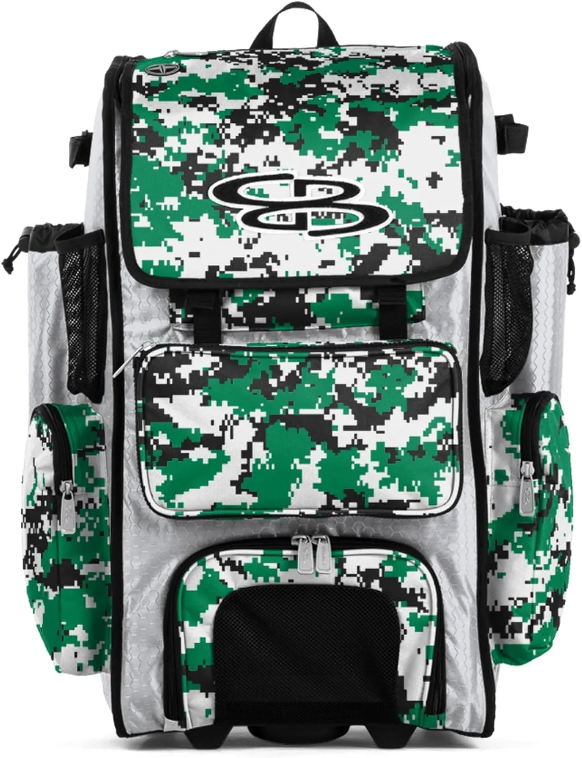 Boombah Rolling Superpack Baseball/Softball Gear Bag - 23-1/2" x 13-1/2" x 9-1/2" - Digital Camo White/Kelly Green - Telescopic Handle - Holds 4 Bats - Wheeled Version