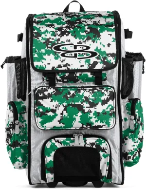 Boombah Rolling Superpack Baseball/Softball Gear Bag - 23-1/2" x 13-1/2" x 9-1/2" - Digital Camo White/Kelly Green - Telescopic Handle - Holds 4 Bats - Wheeled Version
