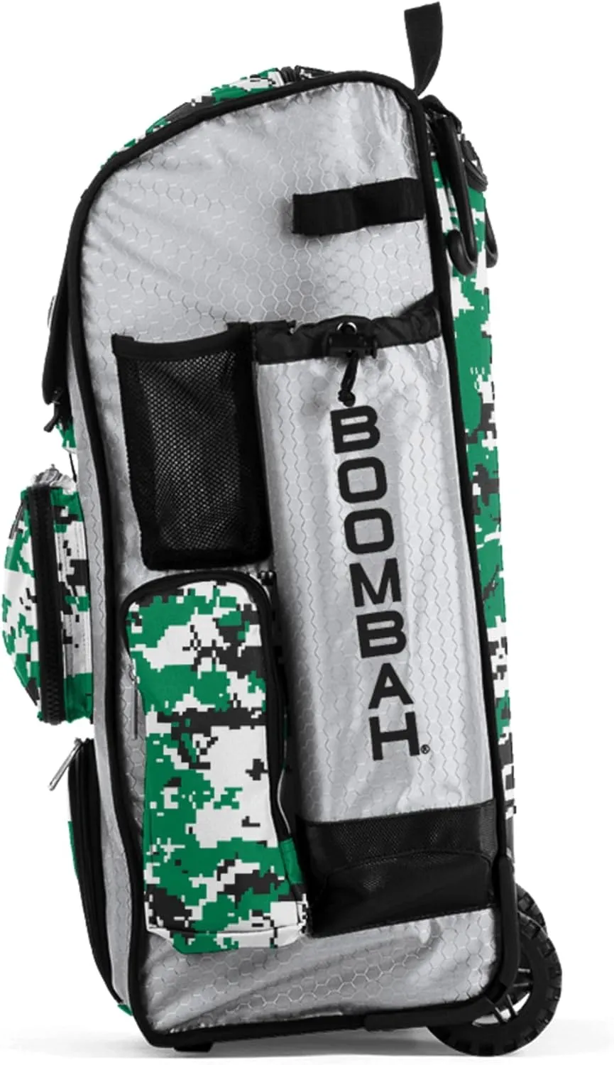 Boombah Rolling Superpack Baseball/Softball Gear Bag - 23-1/2" x 13-1/2" x 9-1/2" - Digital Camo White/Kelly Green - Telescopic Handle - Holds 4 Bats - Wheeled Version
