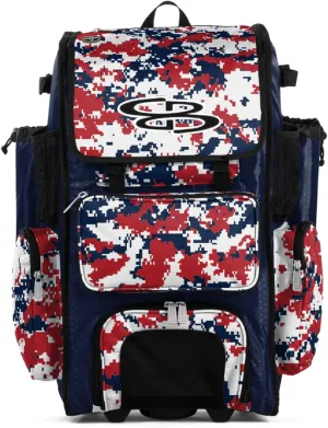 Boombah Rolling Superpack Baseball/Softball Gear Bag - BRSP2CMC23 Digital Camo Navy/Red - Telescopic Handle - Holds 4 Bats - Wheeled Version