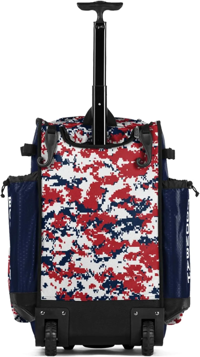 Boombah Rolling Superpack Baseball/Softball Gear Bag - BRSP2CMC23 Digital Camo Navy/Red - Telescopic Handle - Holds 4 Bats - Wheeled Version