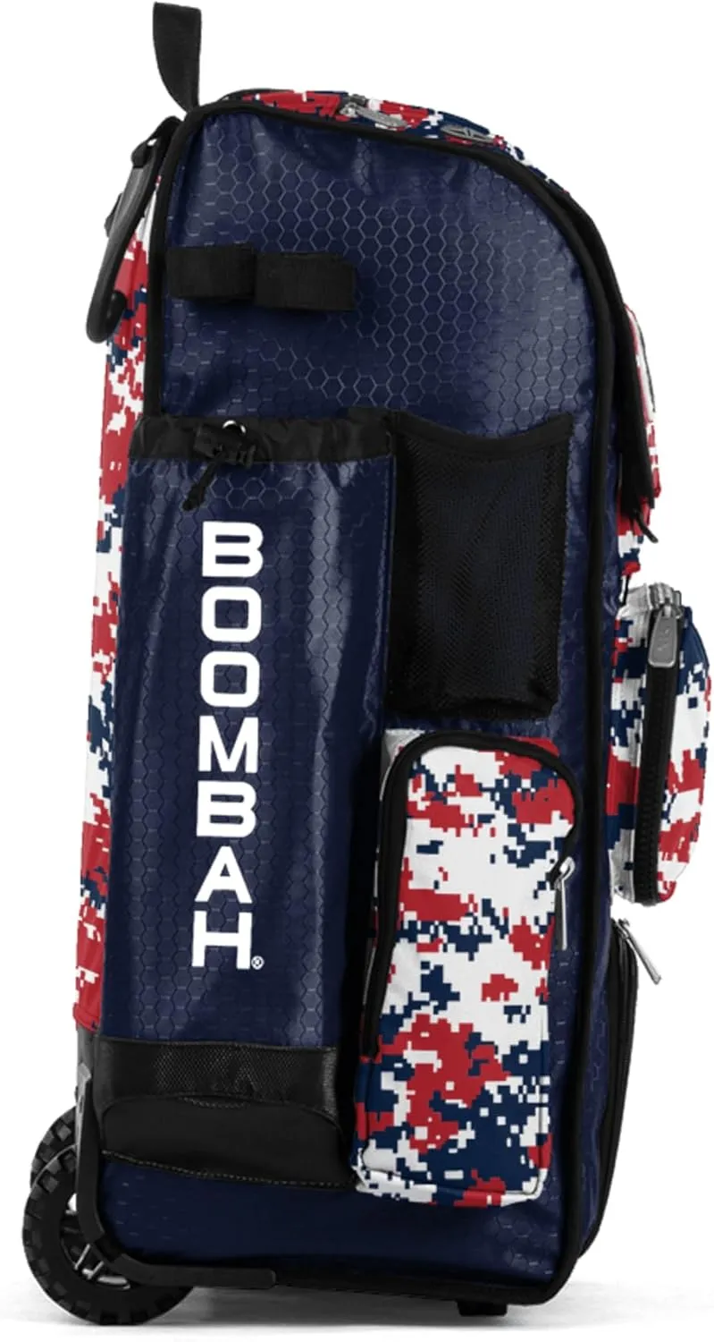 Boombah Rolling Superpack Baseball/Softball Gear Bag - BRSP2CMC23 Digital Camo Navy/Red - Telescopic Handle - Holds 4 Bats - Wheeled Version