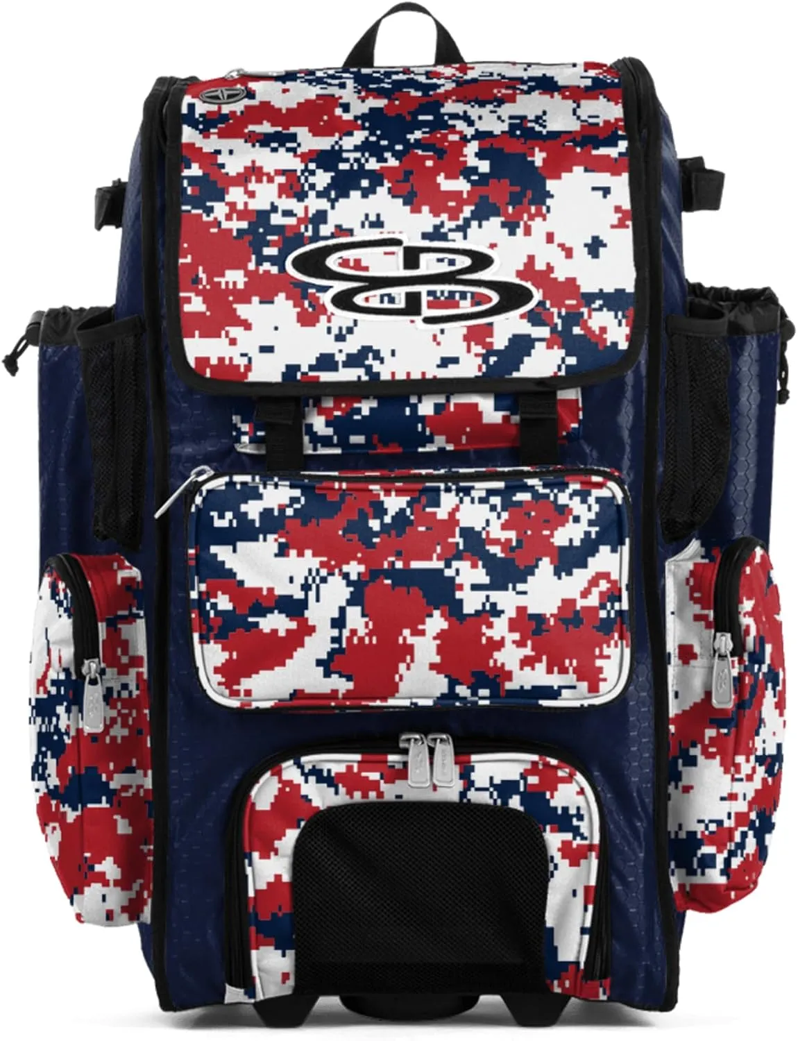 Boombah Rolling Superpack Baseball/Softball Gear Bag - BRSP2CMC23 Digital Camo Navy/Red - Telescopic Handle - Holds 4 Bats - Wheeled Version