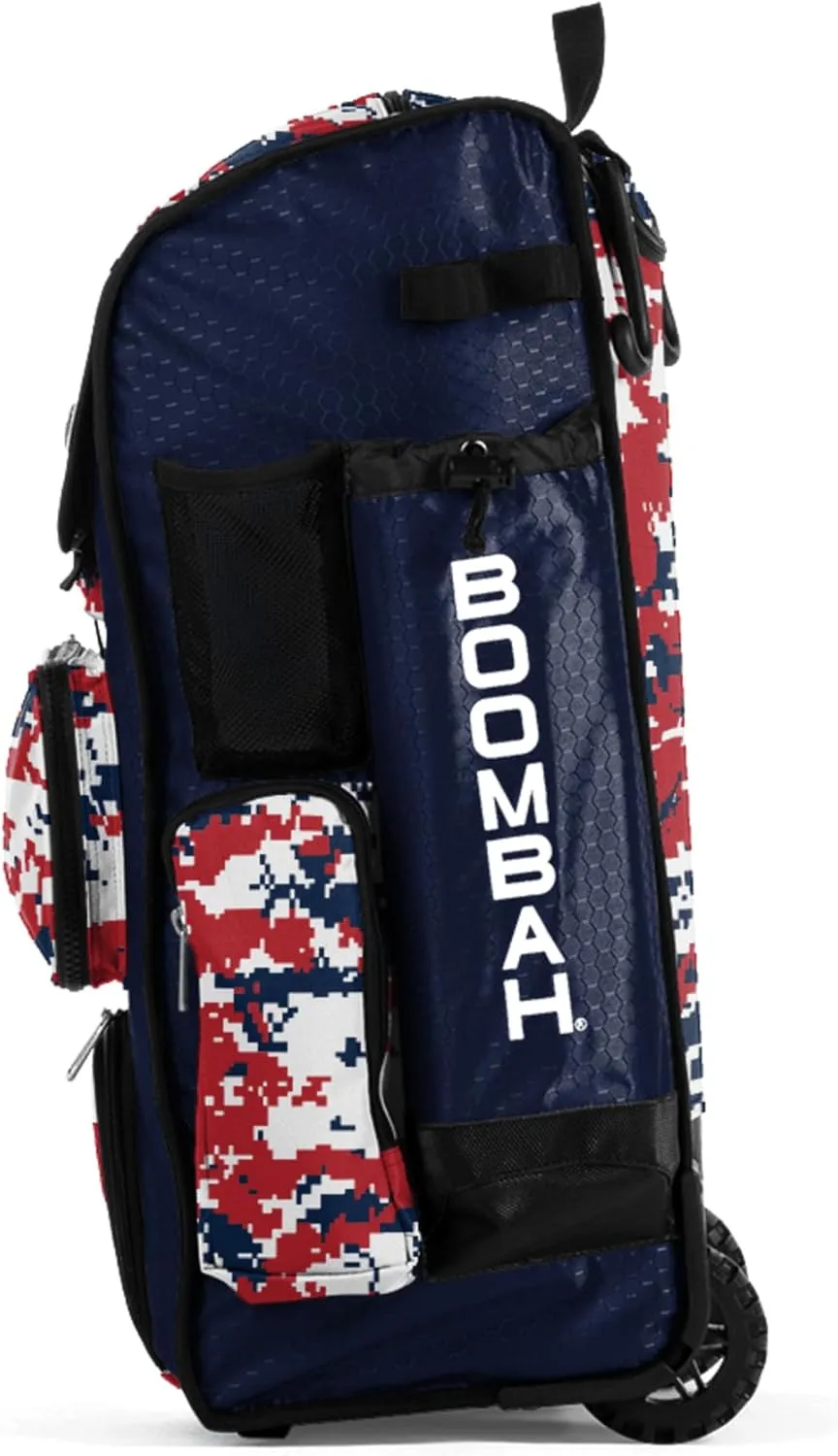Boombah Rolling Superpack Baseball/Softball Gear Bag - BRSP2CMC23 Digital Camo Navy/Red - Telescopic Handle - Holds 4 Bats - Wheeled Version