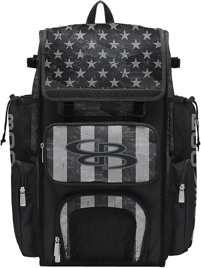 Boombah Superpack Bat Bag - Backpack Version (no wheels) - Holds 4 Bats - USA Pledge Black Ops Black/Charcoal/Steel