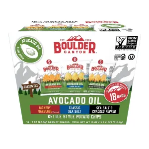 Boulder Canyon Avocado Oil Kettle Style Potato Chips Variety Pack, 18 Count - Gluten-Free, Non-GMO, Hickory Barbecue, Classic Sea Salt, Sea Salt & Cracked Pepper (1 oz Bags)