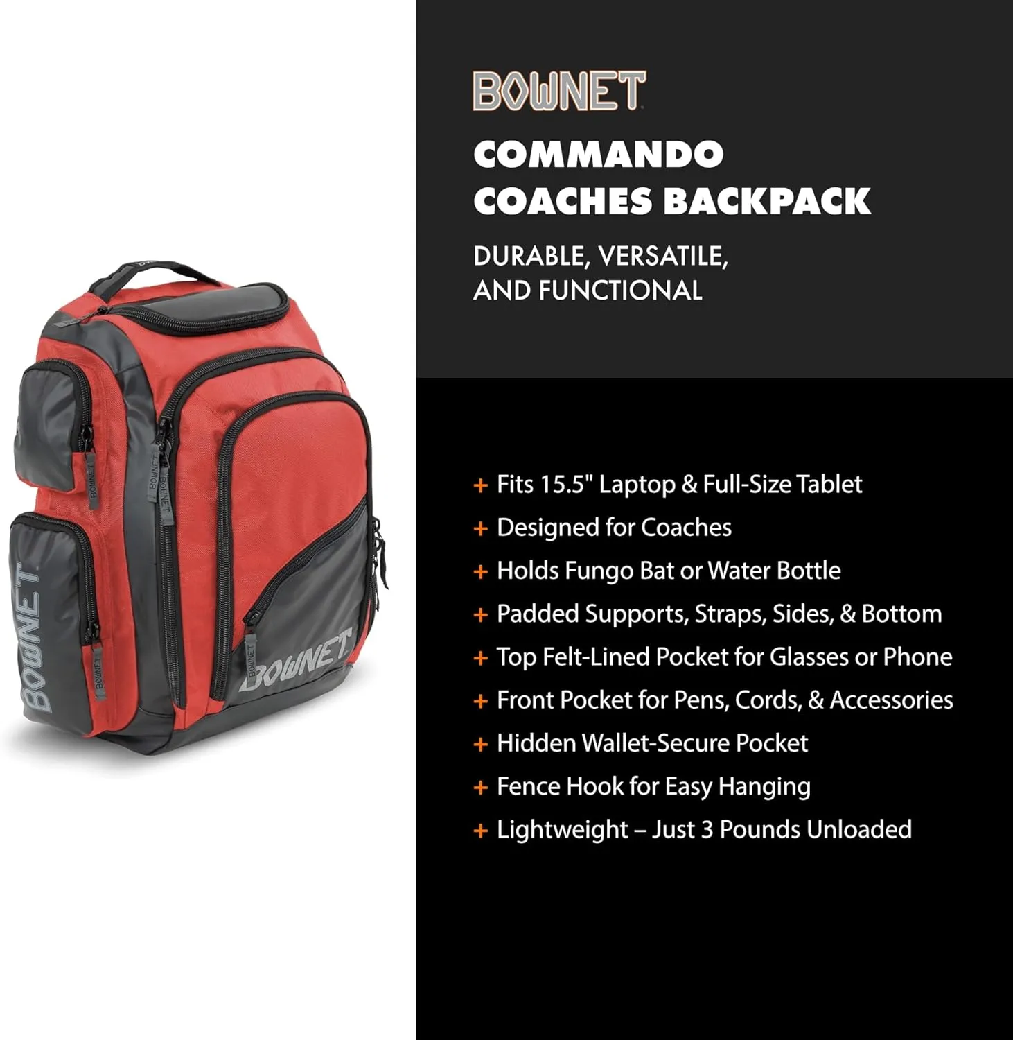 Bownet Commando Coaches Bat Bag – Baseball & Softball Backpack w/Fungo Holder, Laptop Pocket, Gear Storage, Youth & Adult