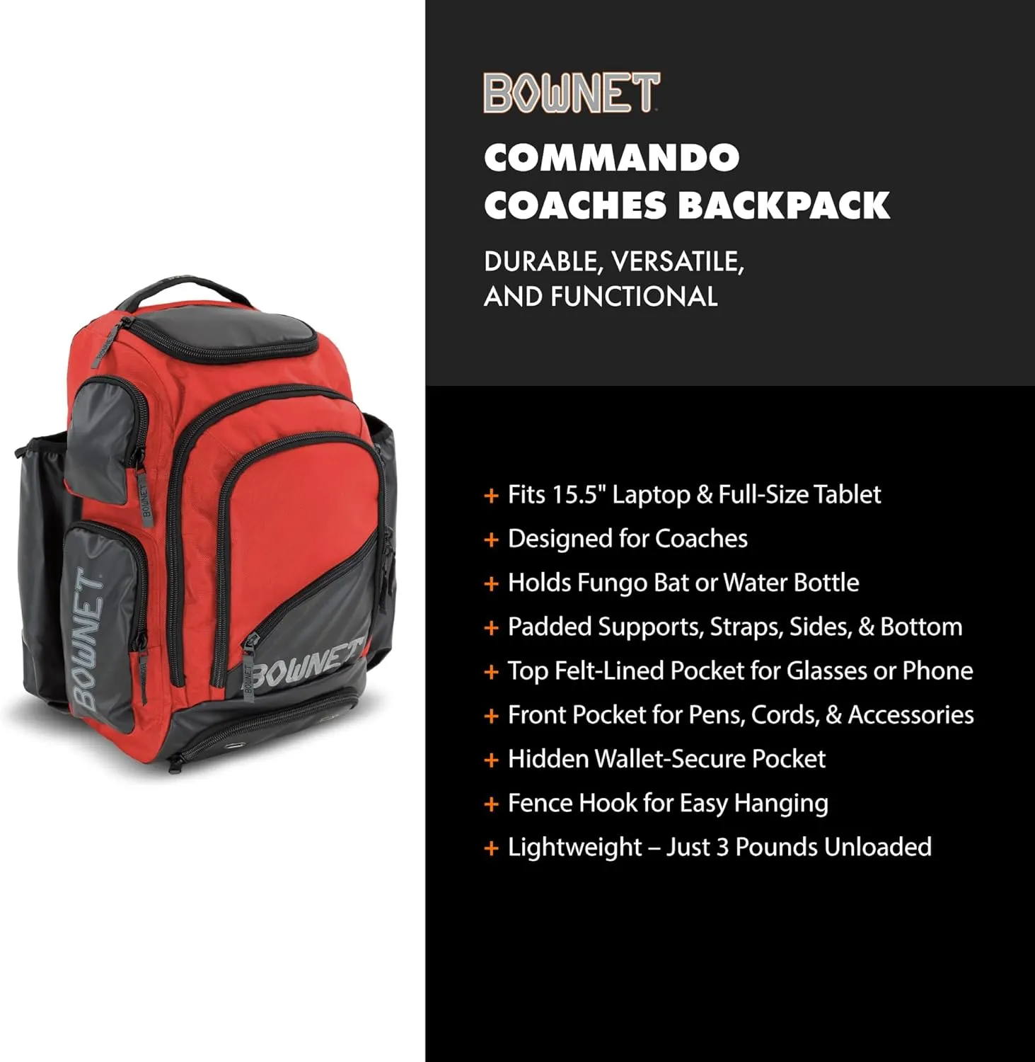 Bownet Commando Coaches Bat Bag – Baseball & Softball Backpack w/Fungo Holder, Laptop Pocket, Gear Storage, Youth & Adult