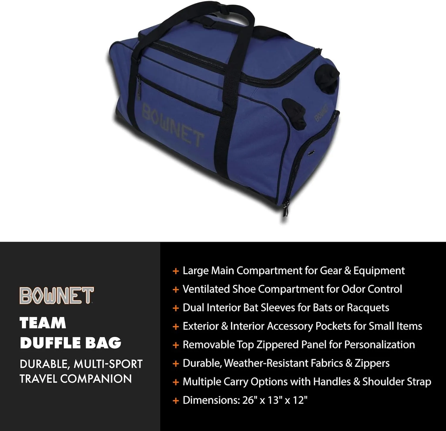 Bownet Team Pro Duffle Baseball Softball Dual Bat Holder Accessory Pockets Bag