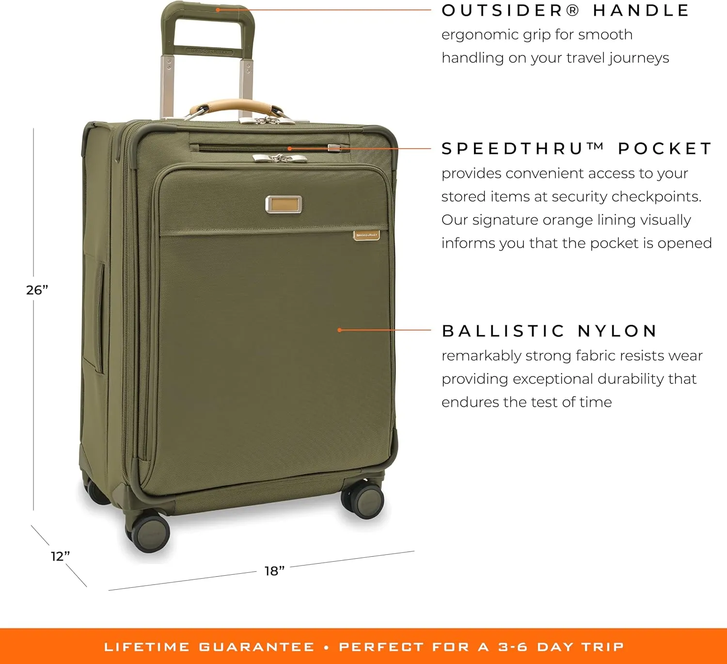 Briggs & Riley 26" Medium Expandable Spinner - Checked Luggage for Travel, Suitcases with Wheels, Softside Rolling Bag for Men & Women, Self-Repairing Zipper - Baseline Collection, Olive