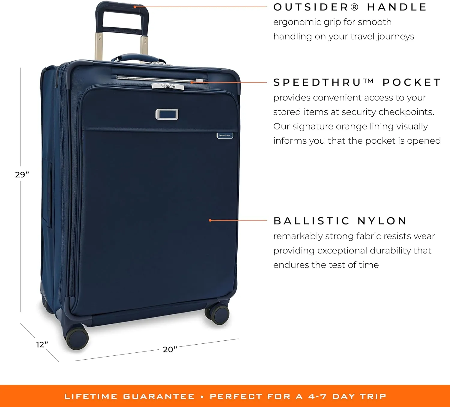 Briggs & Riley 29" Large Expandable Spinner - Checked Luggage for Travel, Suitcases with Wheels, Softside Rolling Bag for Men & Women, Self-Repairing Zipper - Baseline Collection, Navy