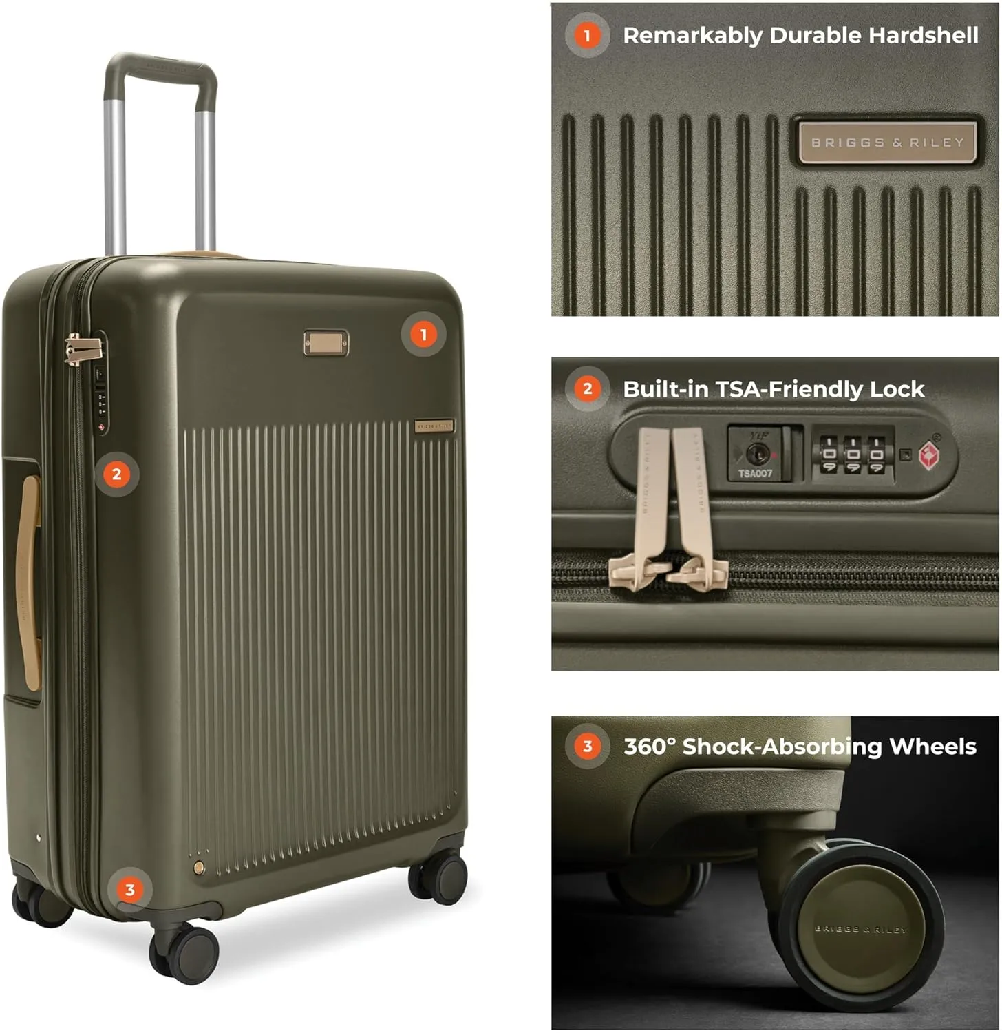 Briggs & Riley 30" Large Expandable Spinner - Checked Luggage for Travel, Suitcases with Wheels, Hardside Rolling Bag for Men & Women, Self-Repairing Zipper - Sympatico Collection, Olive
