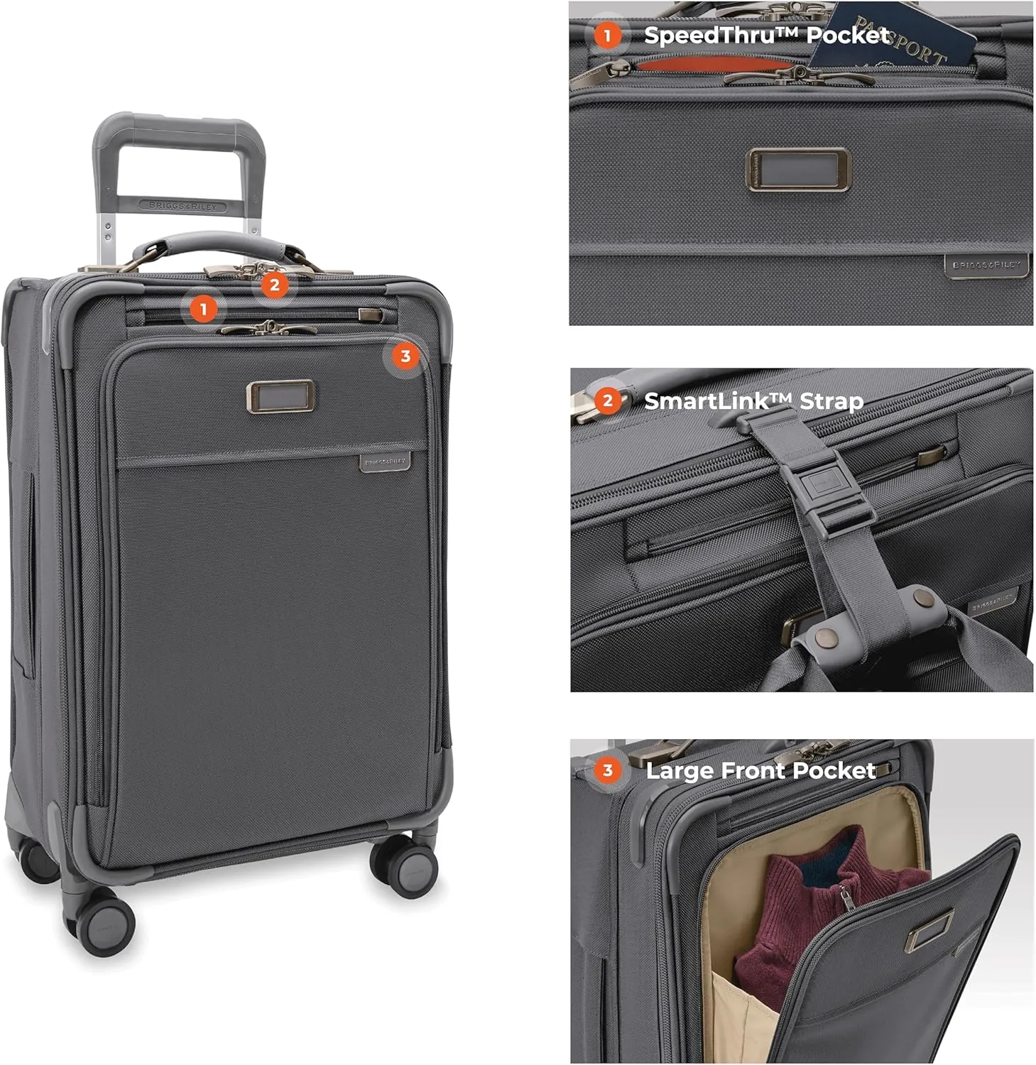 Briggs & Riley Essential 22" Carry On Expandable Spinner - Luggage for Travel, Suitcases with Wheels, Softside Rolling Bag for Men & Women, Self-Repairing Zipper - Baseline Collection, Steel Gray