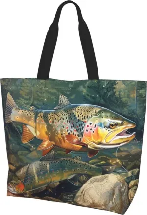 Brook Trout Fly Fishing Printed Large Tote Bag for Women Reusable Shopping Grocery Bags Gift Cloth Bags Lightweight Shoulder Bags