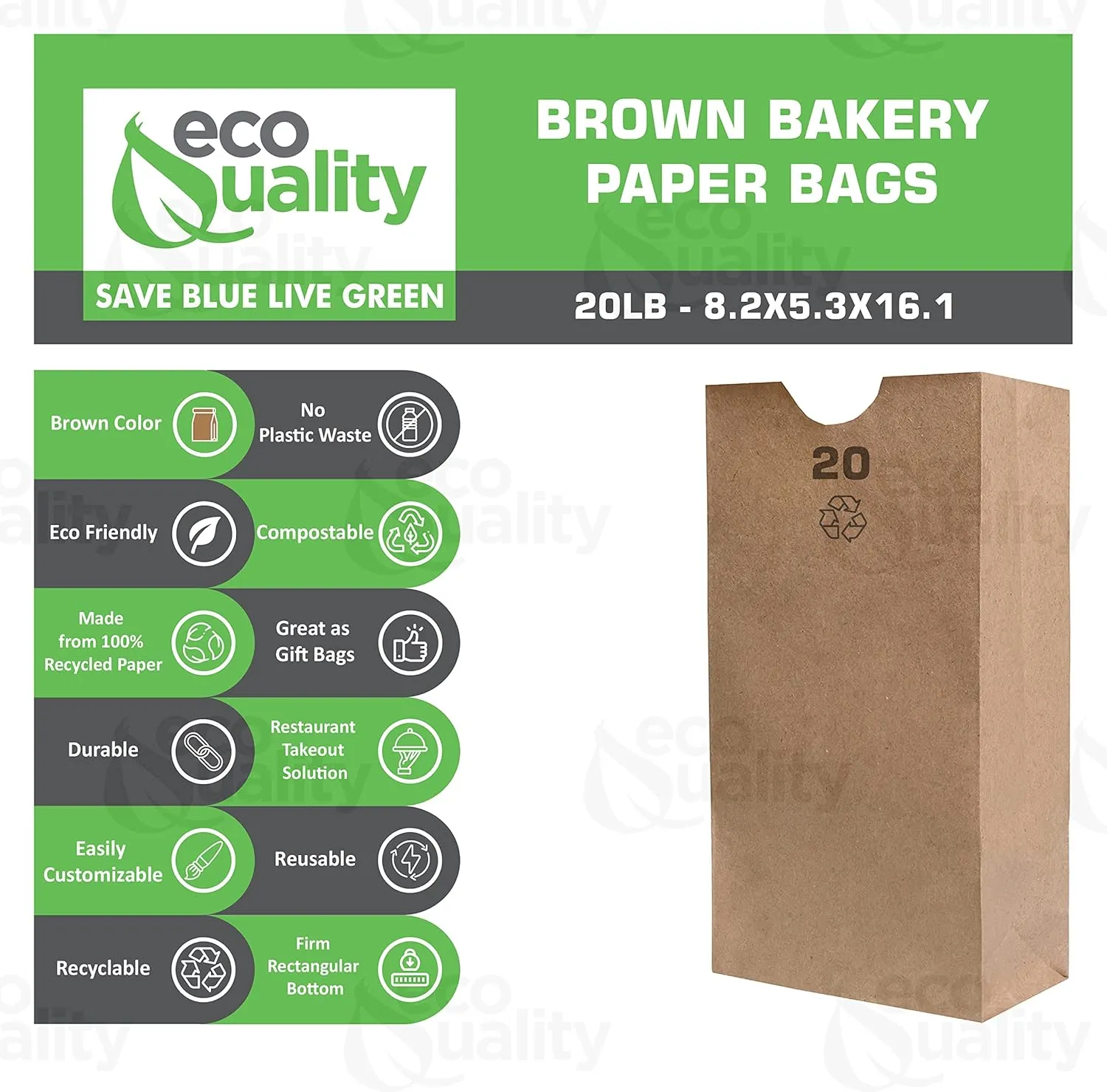 Brown Kraft Paper Bag (20 lb) Large - Paper Lunch Bags, Small Snacks, Gift Bags, Grocery, Merchandise, Party Bags (16 x 8.25 x 5.5) (20 Pound Capacity) #20 Brown Bag by EcoQuality (500)