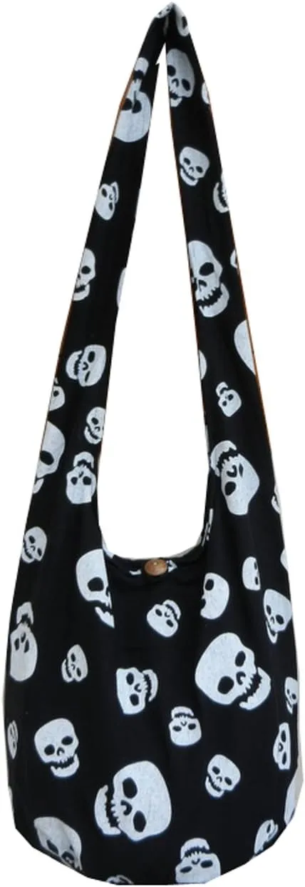 BTP! Skull Punk Rock Hippie Hobo Thai Cotton Sling Crossbody Bag Messenger Purse (Black SK9)