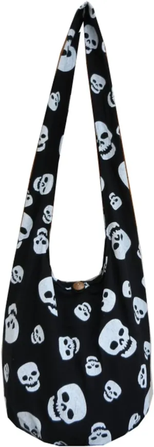 BTP! Skull Punk Rock Hippie Hobo Thai Cotton Sling Crossbody Bag Messenger Purse (Black SK9)