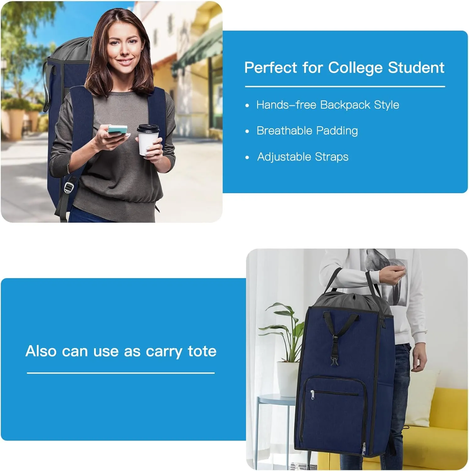 Bukere Laundry Backpack Bag for College Students Dorm Essentials, Heavy Duty Hanging Laundry Bag with Adjustable Shoulder Straps, Laundry Bag for Girl, Guys, Women, Men