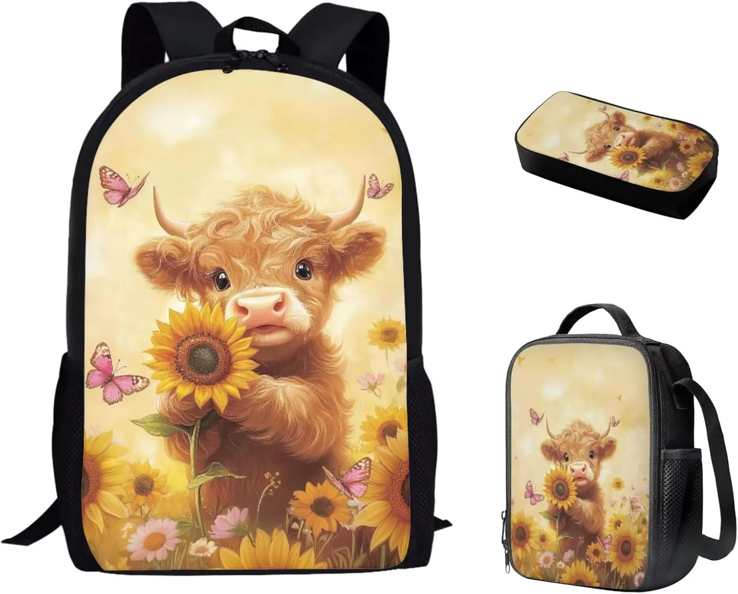 Bulopur Highland Cow Backpack Set for Middle School Girls Sunflower School Bag Travel Knapsack Rucksack Shoulder Crossbody Lunch Bag with Thermal Insulated Pen Carrying Case, 3 Pack