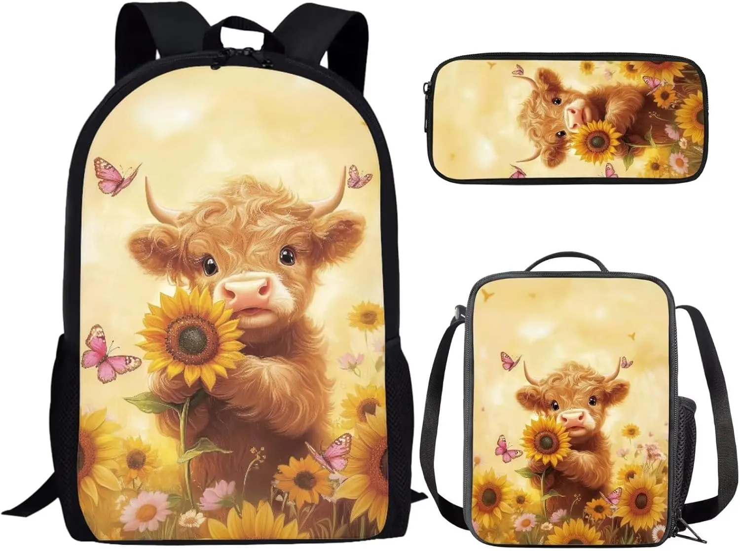 Bulopur Highland Cow Backpack Set for Middle School Girls Sunflower School Bag Travel Knapsack Rucksack Shoulder Crossbody Lunch Bag with Thermal Insulated Pen Carrying Case, 3 Pack
