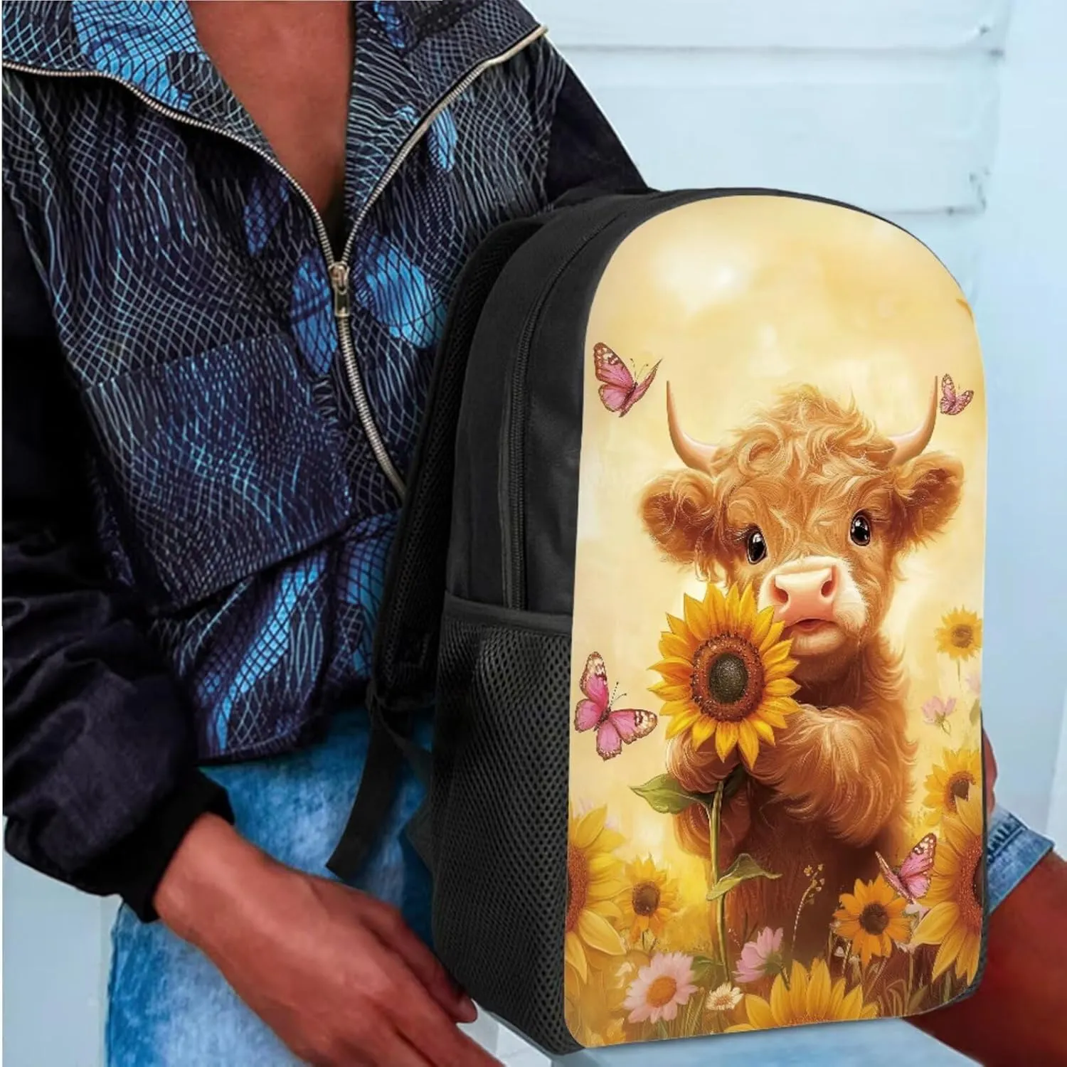 Bulopur Highland Cow Backpack Set for Middle School Girls Sunflower School Bag Travel Knapsack Rucksack Shoulder Crossbody Lunch Bag with Thermal Insulated Pen Carrying Case, 3 Pack
