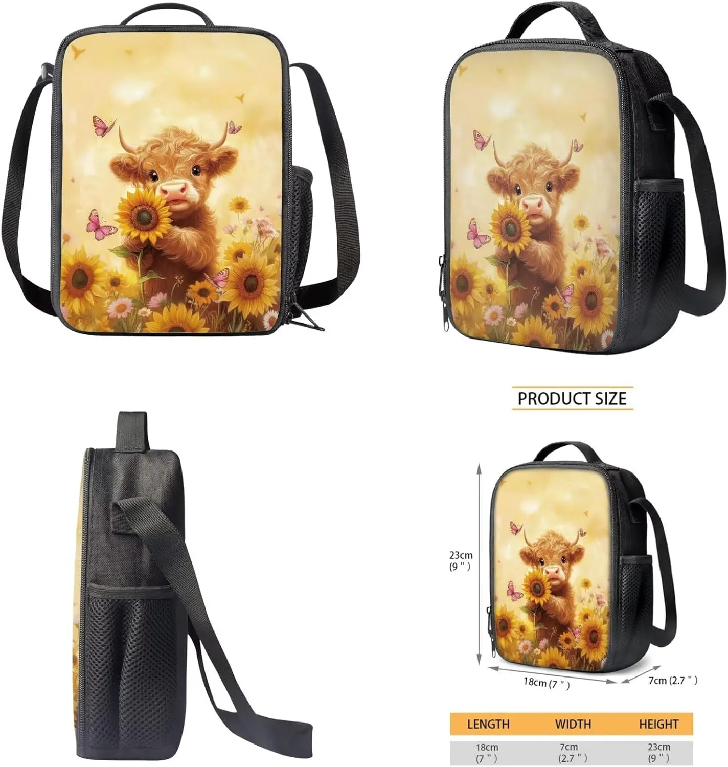 Bulopur Highland Cow Backpack Set for Middle School Girls Sunflower School Bag Travel Knapsack Rucksack Shoulder Crossbody Lunch Bag with Thermal Insulated Pen Carrying Case, 3 Pack