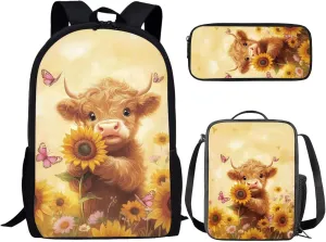 Bulopur Highland Cow Backpack Set for Middle School Girls Sunflower School Bag Travel Knapsack Rucksack Shoulder Crossbody Lunch Bag with Thermal Insulated Pen Carrying Case, 3 Pack